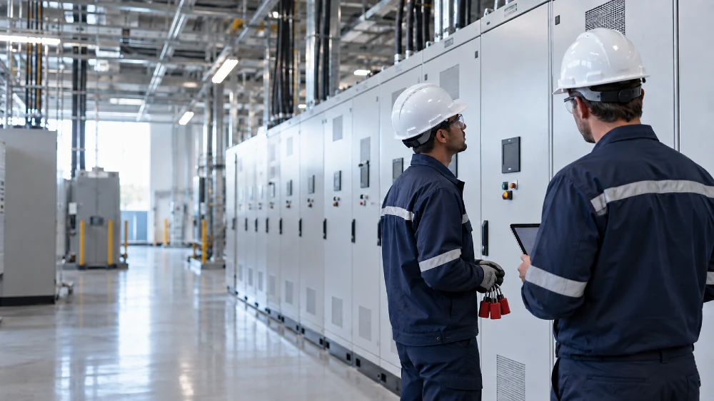 Two technicians in hard hats and coveralls at a switchgear lineup, one holding lockout tags, one holding a tablet