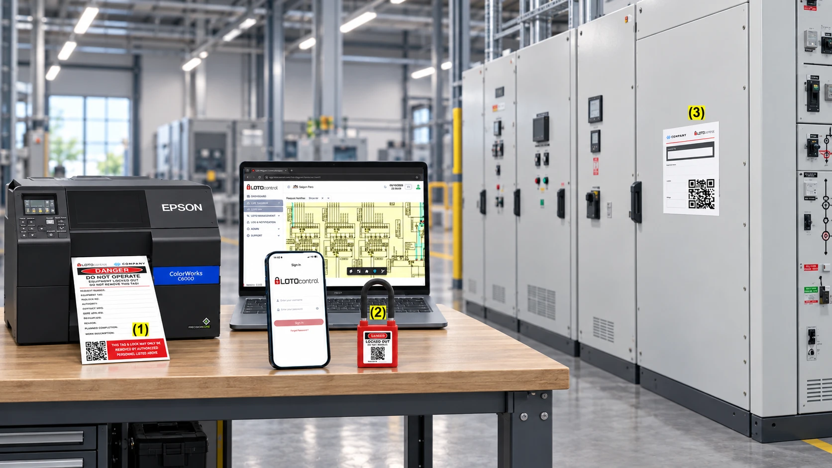 QR-enabled controlled field digital execution: a LOTO tag, a padlock sticker, and an equipment tag, each linking to a live digital record