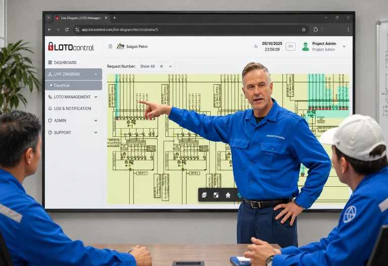 A team in a coordination meeting looking at the live isolation diagram on a large screen