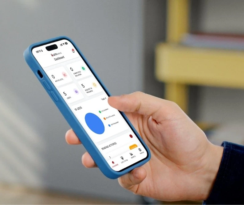 A hand holding a phone showing the LOTOcontrol app dashboard