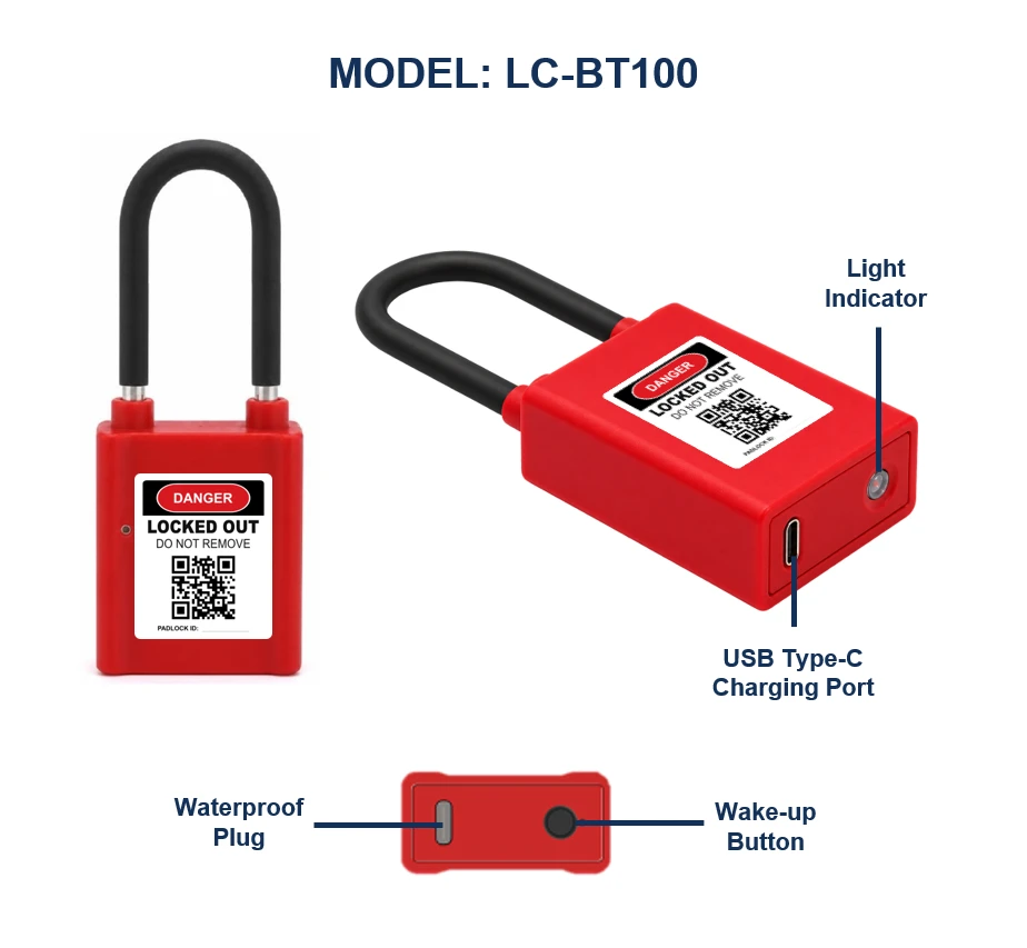 LC-BT100 smart padlock diagram labeling the Light Indicator, USB-C Charging Port, Waterproof Plug, and Wake-up Button